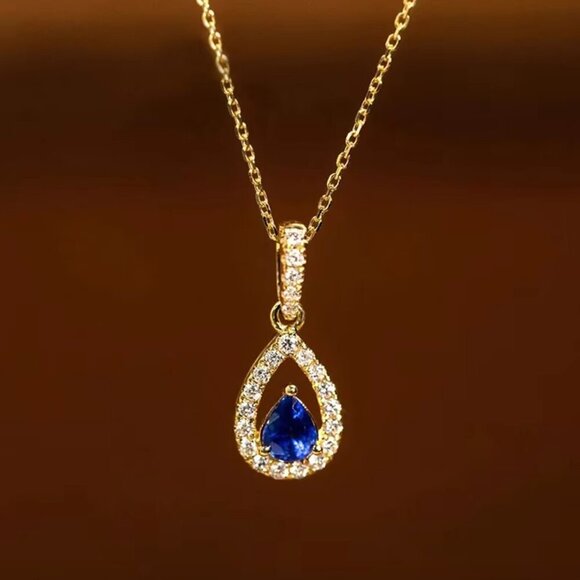NEW 14k Yellow Gold Diamond Sapphire Necklace Pear Cut Necklace - Picture 2 of 7
